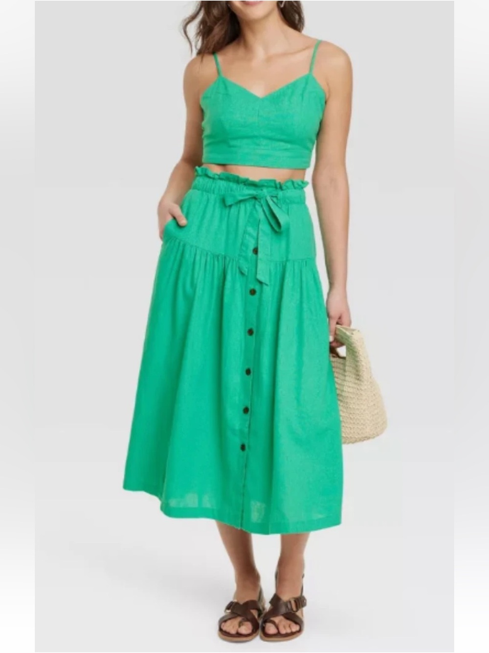Universal Thread Green Tie Waist Skirt Set - Midi Skirt & Top - Skirt XS / Top S